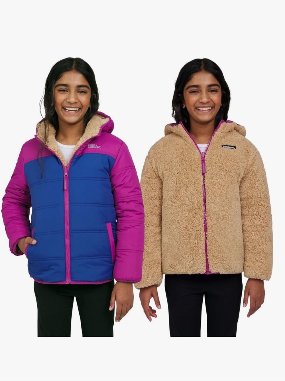 Eddie Bauer Kids Reversible Plush Hoodie Jacket Magenta/Camel Brown Large